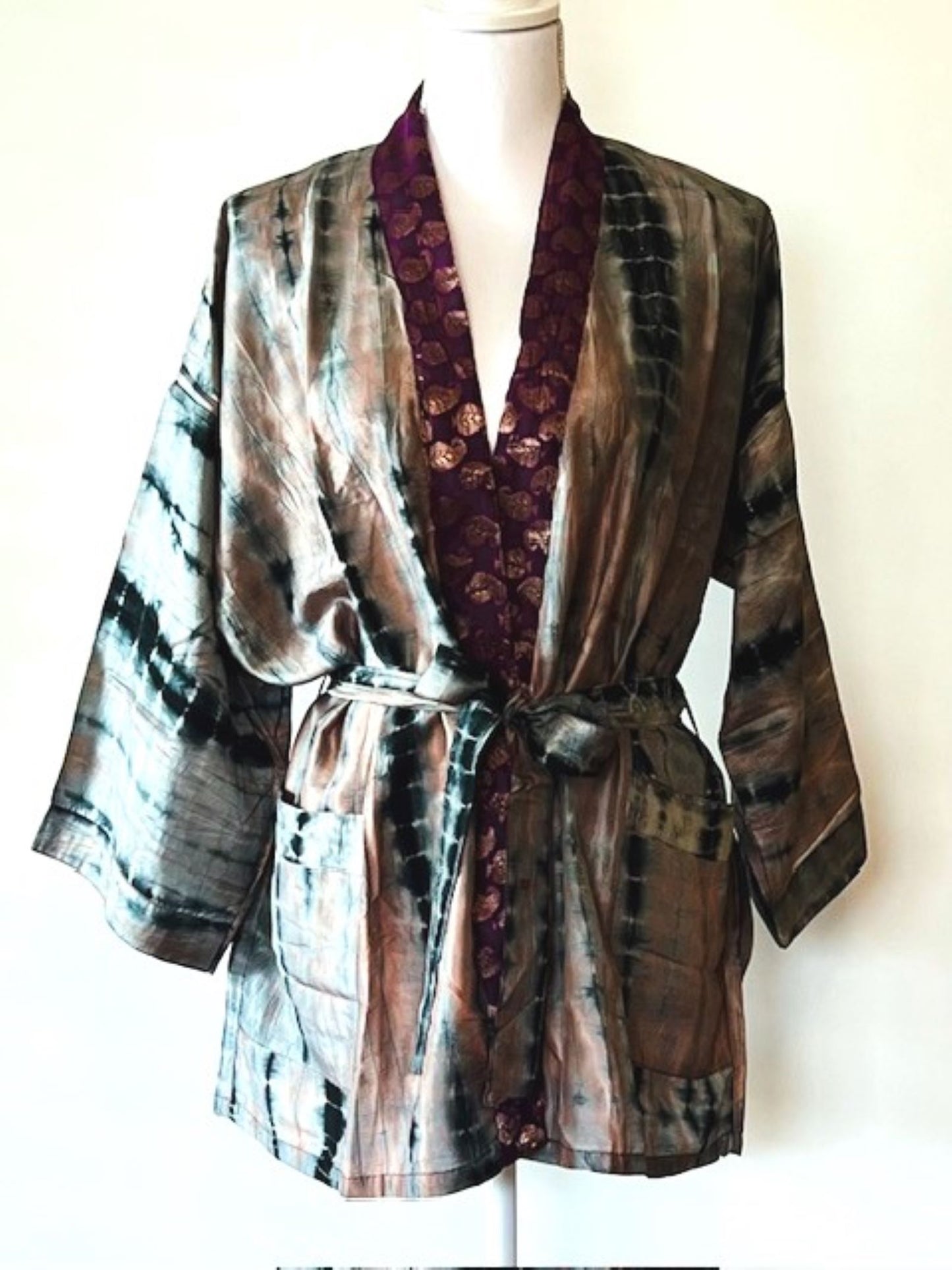 The Accessory In Demand, A Short Silk Kimono Jacket. A Tie Dye Beauty In Silver.