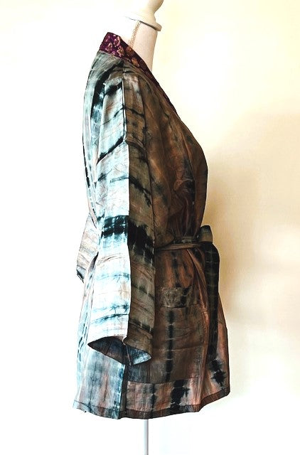 The Accessory In Demand, A Short Silk Kimono Jacket. A Tie Dye Beauty In Silver.