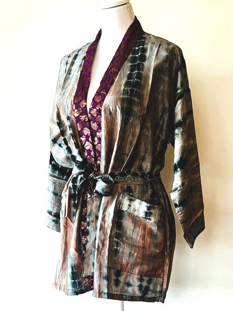 The Accessory In Demand, A Short Silk Kimono Jacket. A Tie Dye Beauty In Silver.