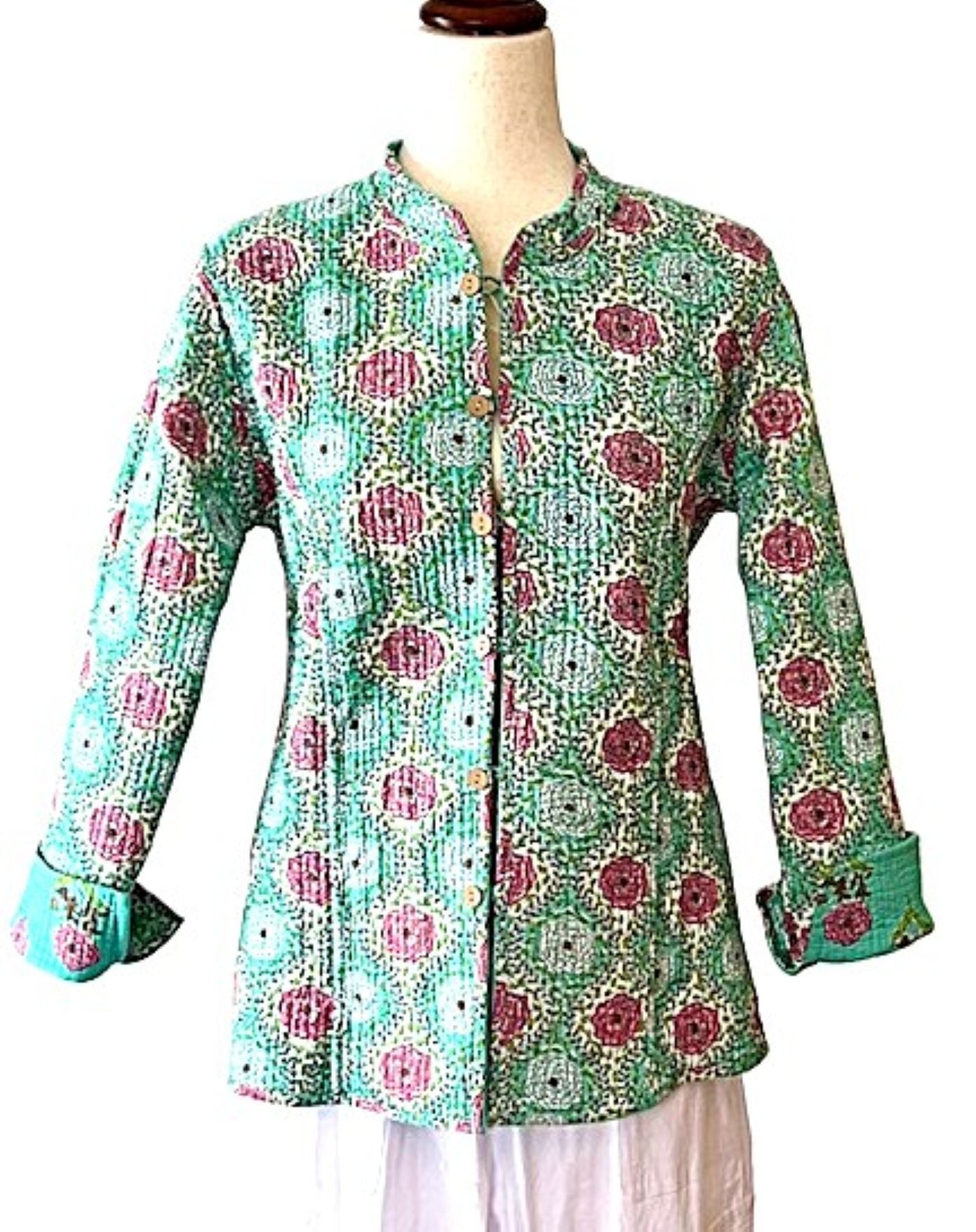 Fully Reversible Cotton Quilted Womens Jacket. (Blue Green)