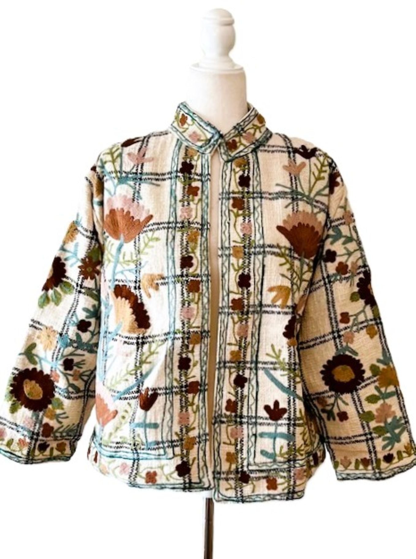 Wearable Art In This Hand Embroidered Reversible Short Jacket. (Cream)