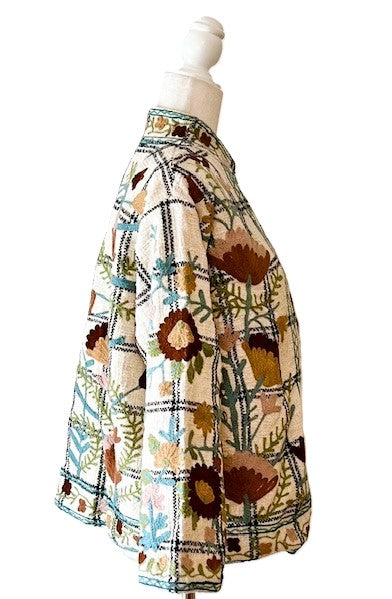 Wearable Art In This Hand Embroidered Reversible Short Jacket. (Cream)