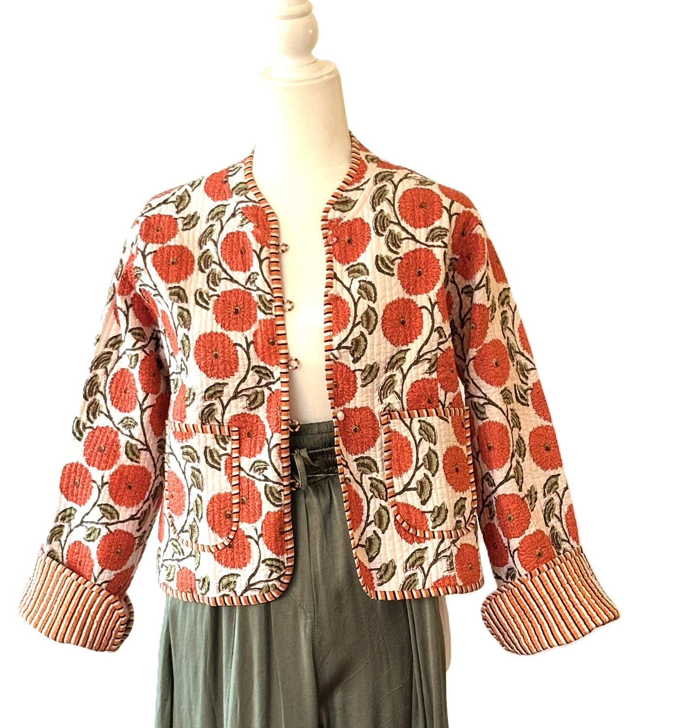 Luxe Reversible Cotton Quilted Womens Jacket With Stripe Piping (Orange)