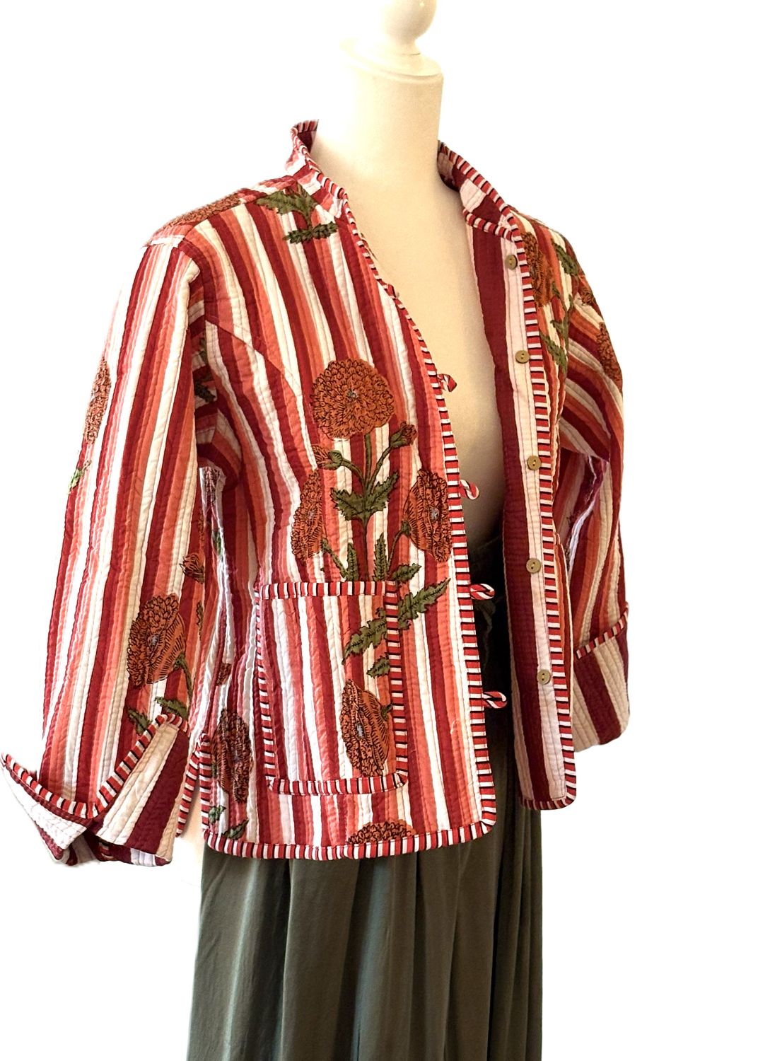 Reversible Quilted Cotton Jacket: Handmade Striped Floral Print Blazer (Wine)