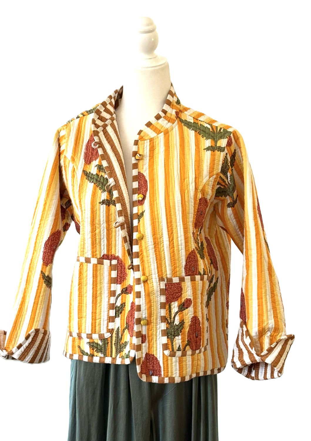 Reversible Quilted Cotton Jacket: Handmade Striped Floral Print Blazer (Yellow Red)