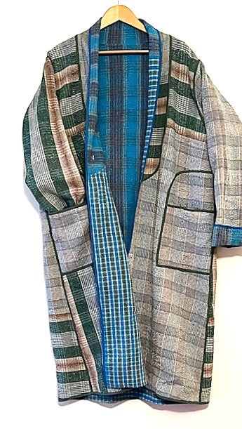 Specialty Collection: Designer Patchwork Hand Embroidered. Classic and Tailored. (Blue Stripe)