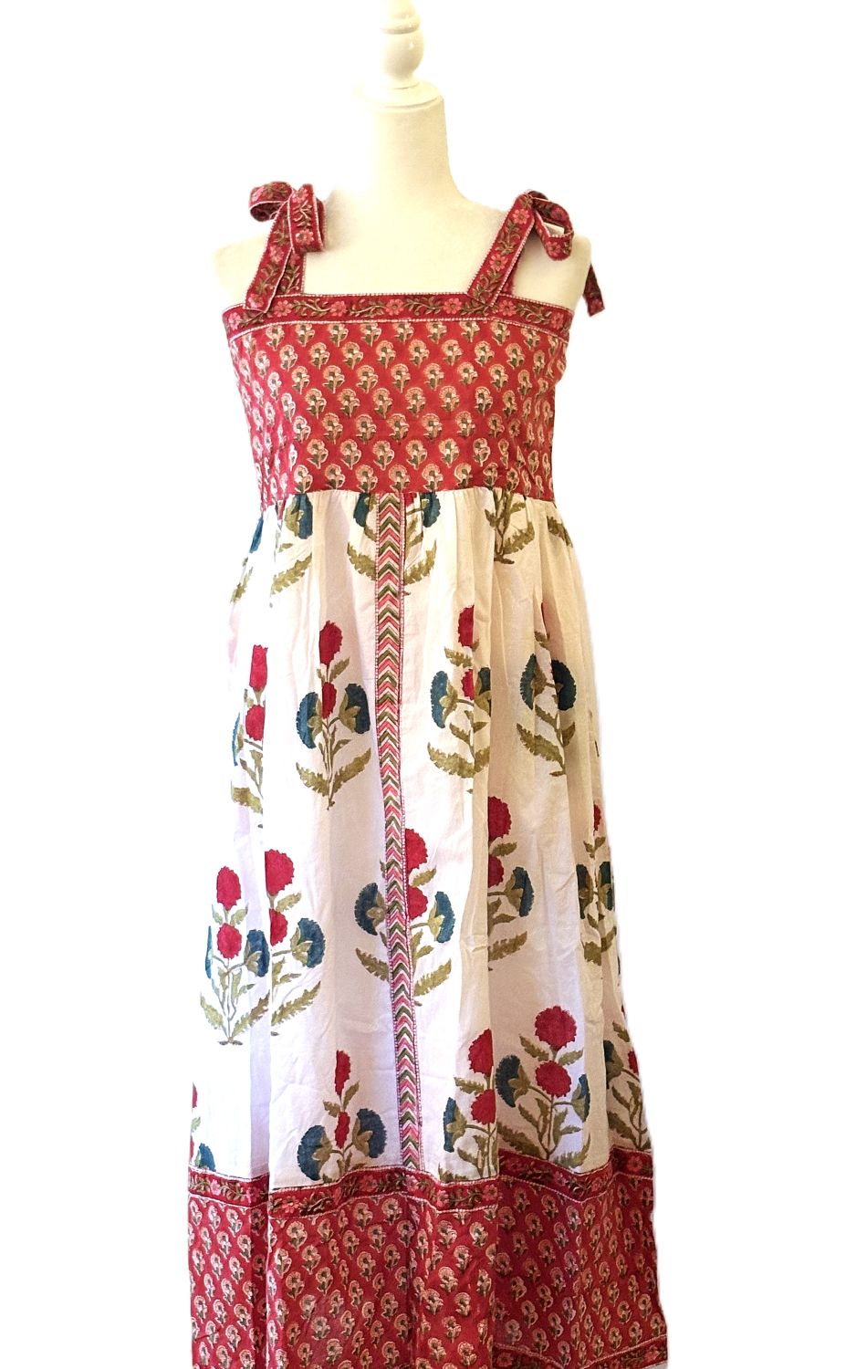 Dresses: Sleeveless Tie Shouldered Cotton Block Print Maxi. Mixed Print (Red White)