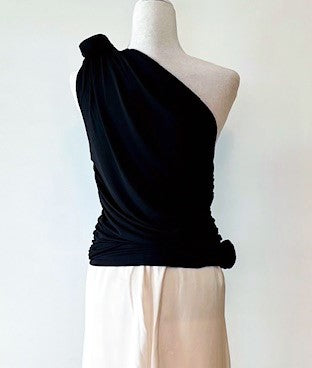 One-Shoulder Shirred Knit Tee Is Luscious (Black)