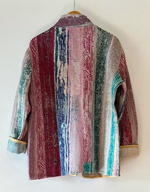 Handmade Indian Vintage Cotton Kantha Jacket, Reversible Multi Stripe