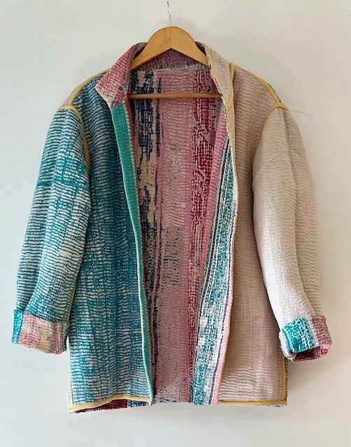 Handmade Indian Vintage Cotton Kantha Jacket, Reversible Multi Stripe
