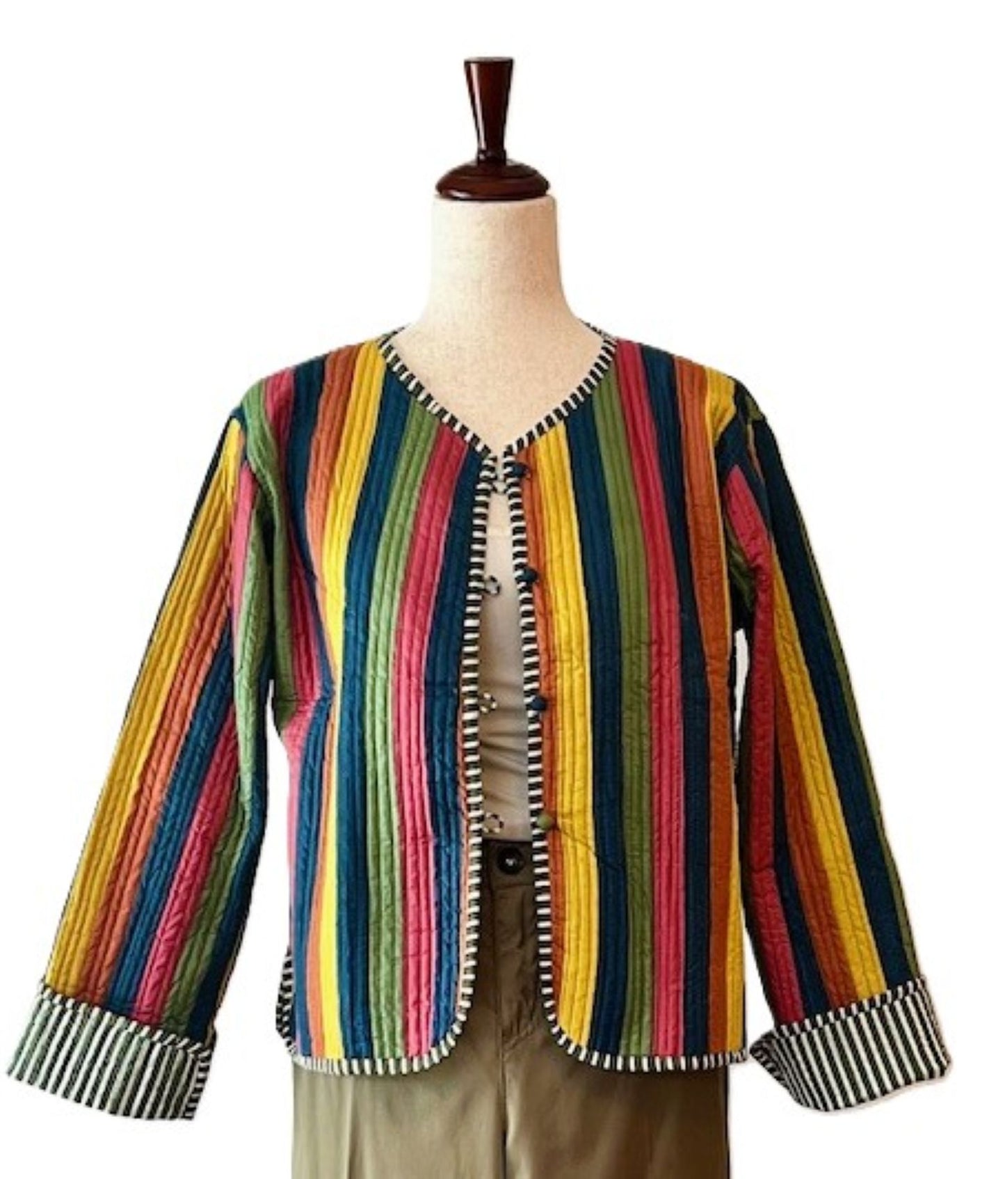 Short Cotton Quilted Handmade Jacket, Fully Reversible. (NEW Dark Striped)