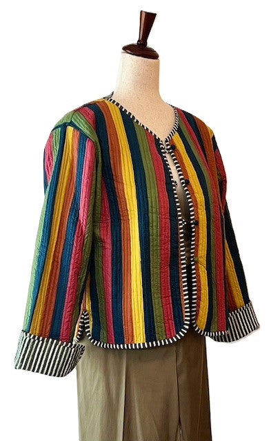 Short Cotton Quilted Handmade Jacket, Fully Reversible. (NEW Dark Striped)