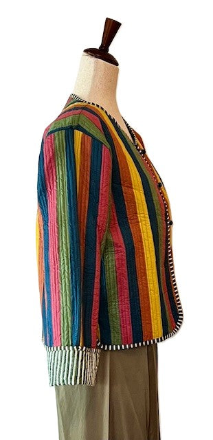 Short Cotton Quilted Handmade Jacket, Fully Reversible. (NEW Dark Striped)
