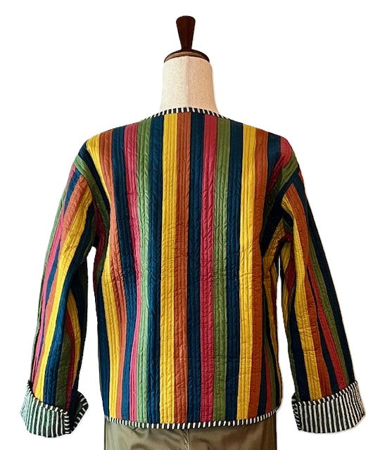 Short Cotton Quilted Handmade Jacket, Fully Reversible. (NEW Dark Striped)