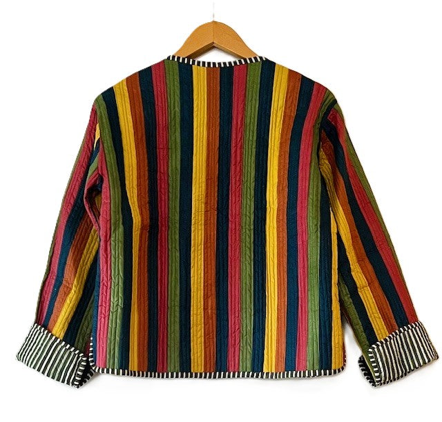 Short Cotton Quilted Handmade Jacket, Fully Reversible. (NEW Dark Striped)
