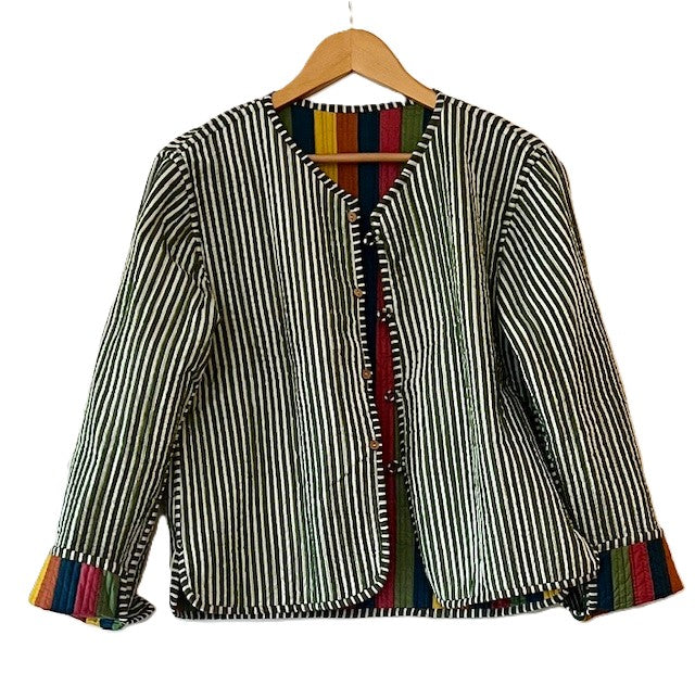 Short Cotton Quilted Handmade Jacket, Fully Reversible. (NEW Dark Striped)