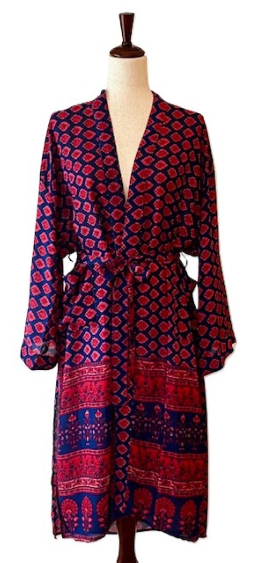Luxury Silk Kimono Duster Is Bold (Cherry Red and Navy)