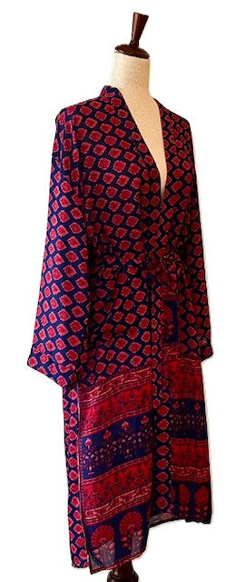Luxury Silk Kimono Duster Is Bold (Cherry Red and Navy)