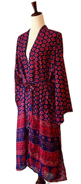 Luxury Silk Kimono Duster Is Bold (Cherry Red and Navy)