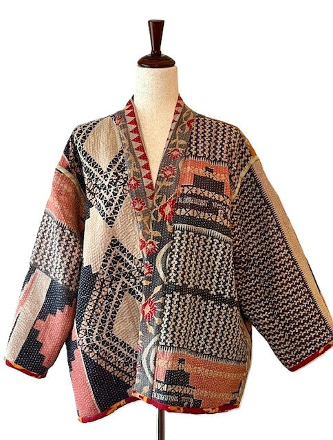 Fully Reversible Short Quilted Jacket With Kantha Stitching. (Red, Grey, Blue)