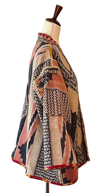 Fully Reversible Short Quilted Jacket With Kantha Stitching. (Red, Grey, Blue)