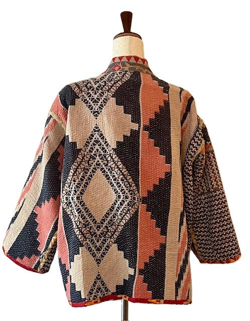 Fully Reversible Short Quilted Jacket With Kantha Stitching. (Red, Grey, Blue)