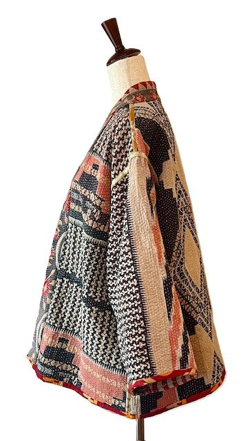 Fully Reversible Short Quilted Jacket With Kantha Stitching. (Red, Grey, Blue)