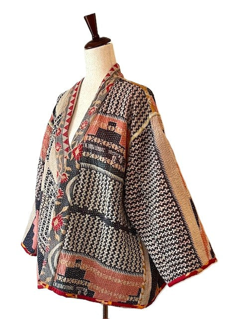 Fully Reversible Short Quilted Jacket With Kantha Stitching. (Red, Grey, Blue)