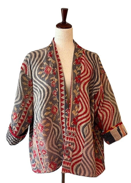 Fully Reversible Short Quilted Jacket With Kantha Stitching. (Red, Grey, Blue)