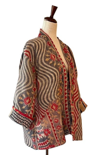 Fully Reversible Short Quilted Jacket With Kantha Stitching. (Red, Grey, Blue)