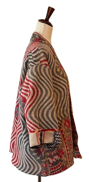 Fully Reversible Short Quilted Jacket With Kantha Stitching. (Red, Grey, Blue)