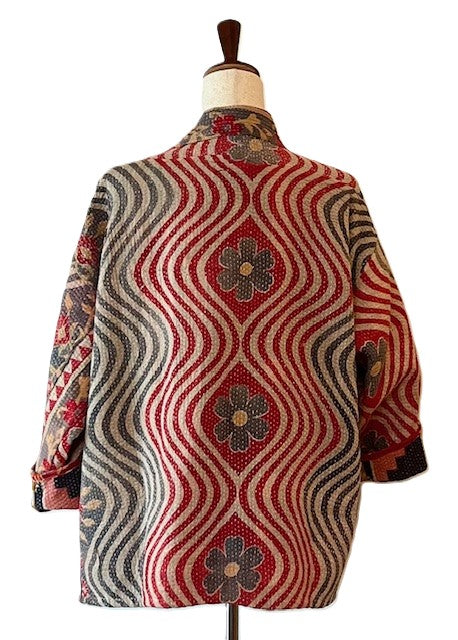 Fully Reversible Short Quilted Jacket With Kantha Stitching. (Red, Grey, Blue)