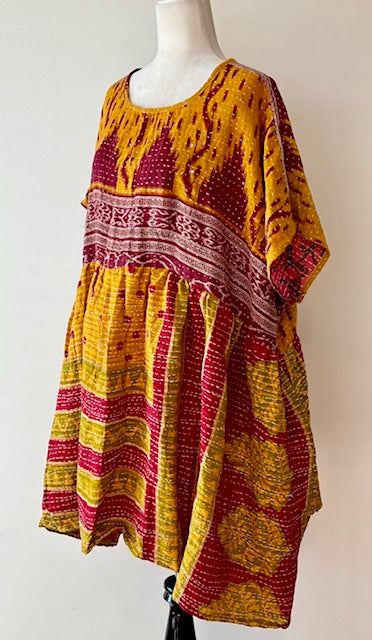 Kantha Bae  Quilt Mini Dress. Comfortable, Soft, and Very Chic ( Gold Scrolls)
