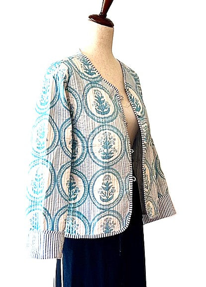 Short Cotton Quilted Handmade Jacket, Fully Reversible is Fresh and New (Light Blue)