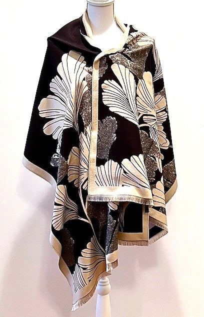 Black Cream Large Gingko Print Reversible Wrap - Artisan Shawl