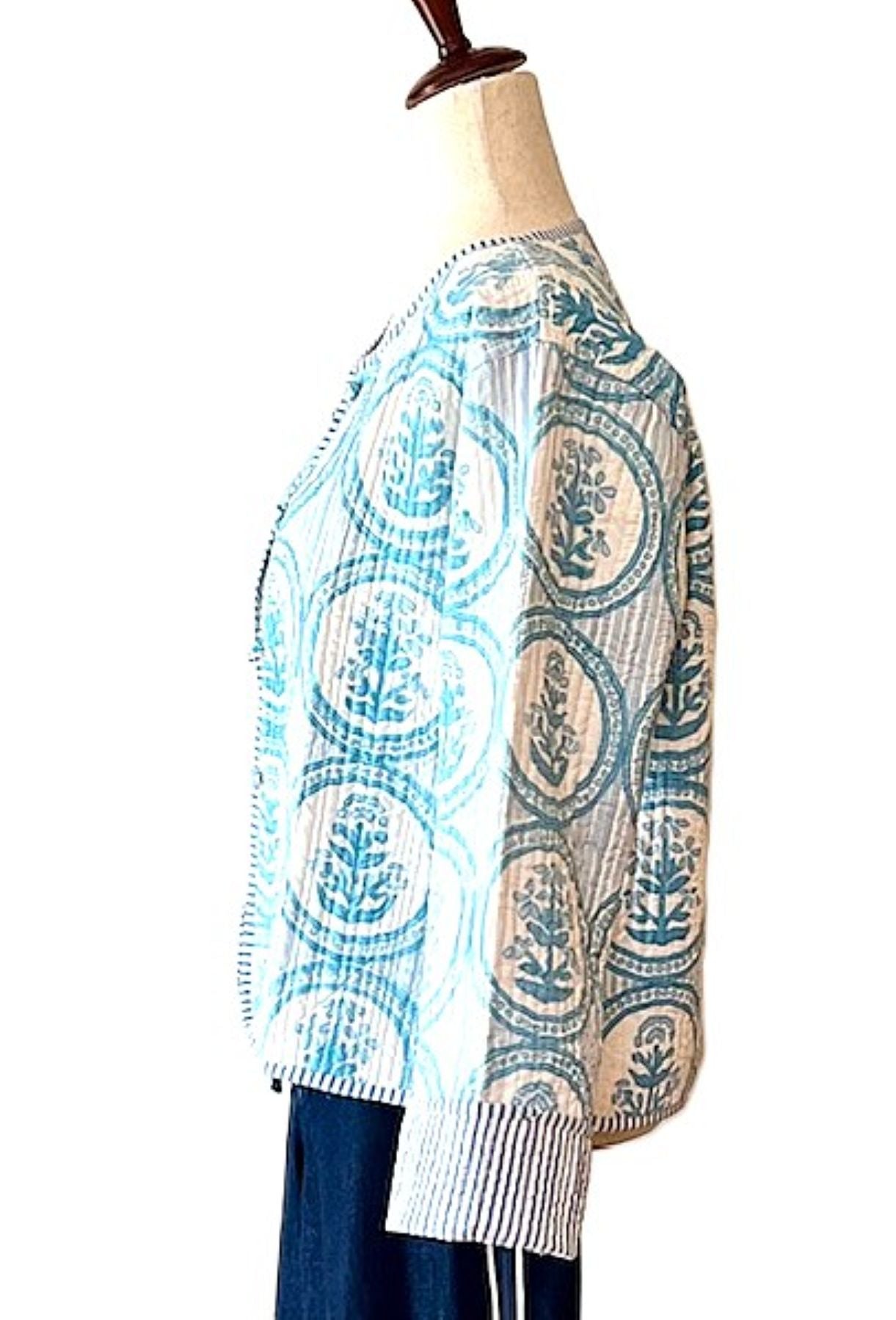 Short Cotton Quilted Handmade Jacket, Fully Reversible is Fresh and New (Light Blue)