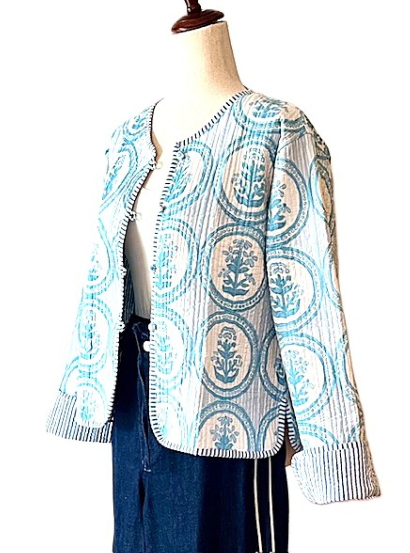 Short Cotton Quilted Handmade Jacket, Fully Reversible is Fresh and New (Light Blue)