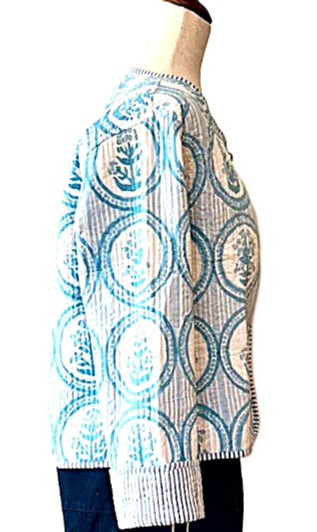 Short Cotton Quilted Handmade Jacket, Fully Reversible is Fresh and New (Light Blue)