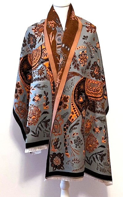 Equestrian Turquoise Orange Print Reversible Wrap - Artisan Shawl