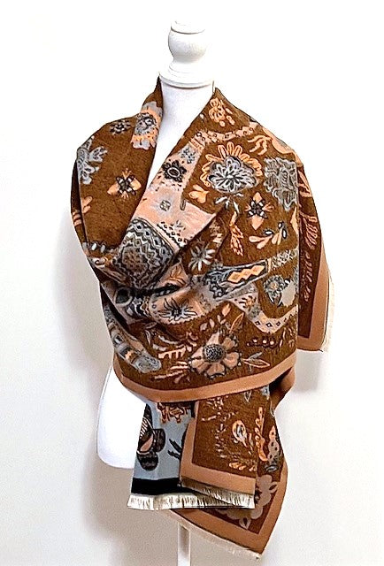 Equestrian Turquoise Orange Print Reversible Wrap - Artisan Shawl