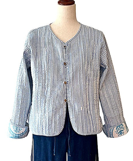 Short Cotton Quilted Handmade Jacket, Fully Reversible is Fresh and New (Light Blue)