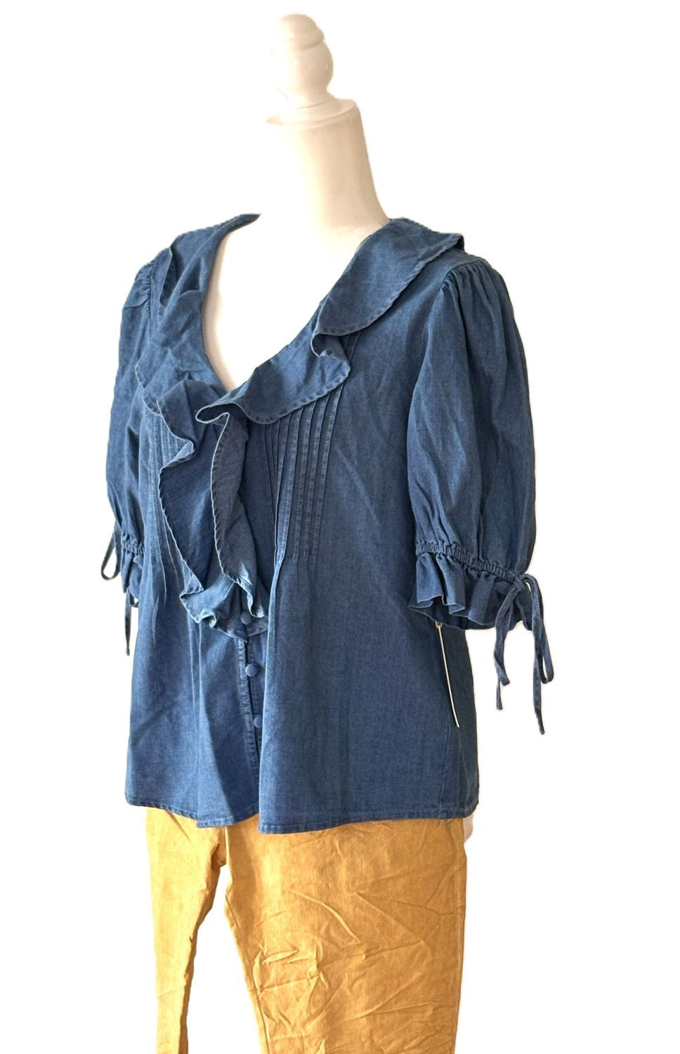 Top, Denim Pleated Ruffle Blouse with Puff Sleeves