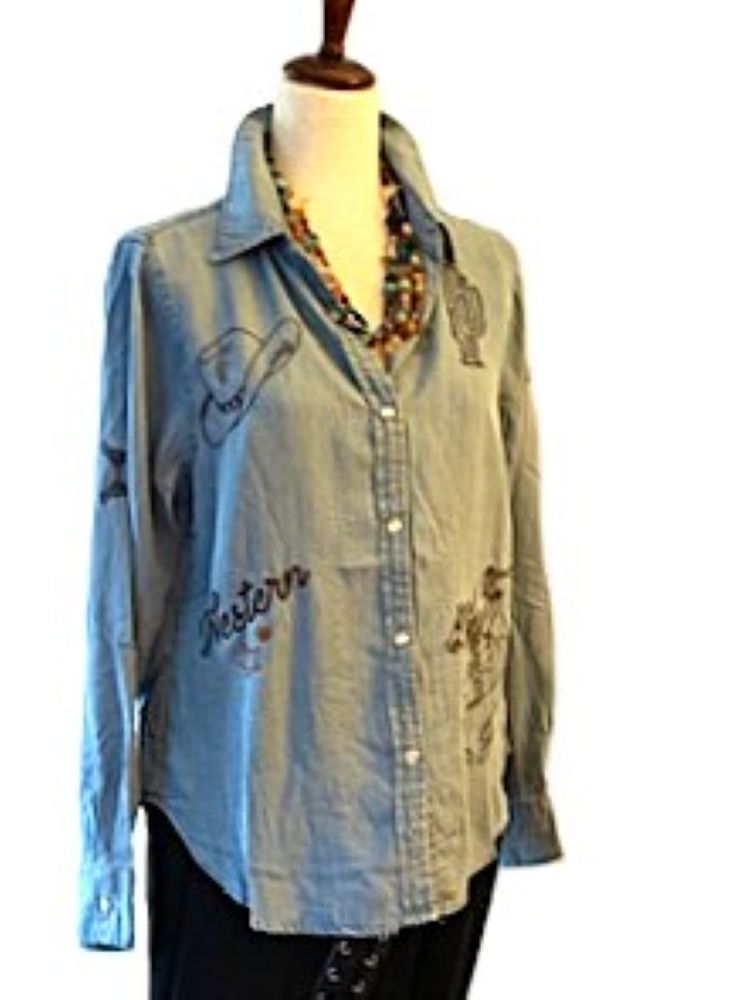 Top: Western Inspired Embroidered Cotton Shirt (Denim)