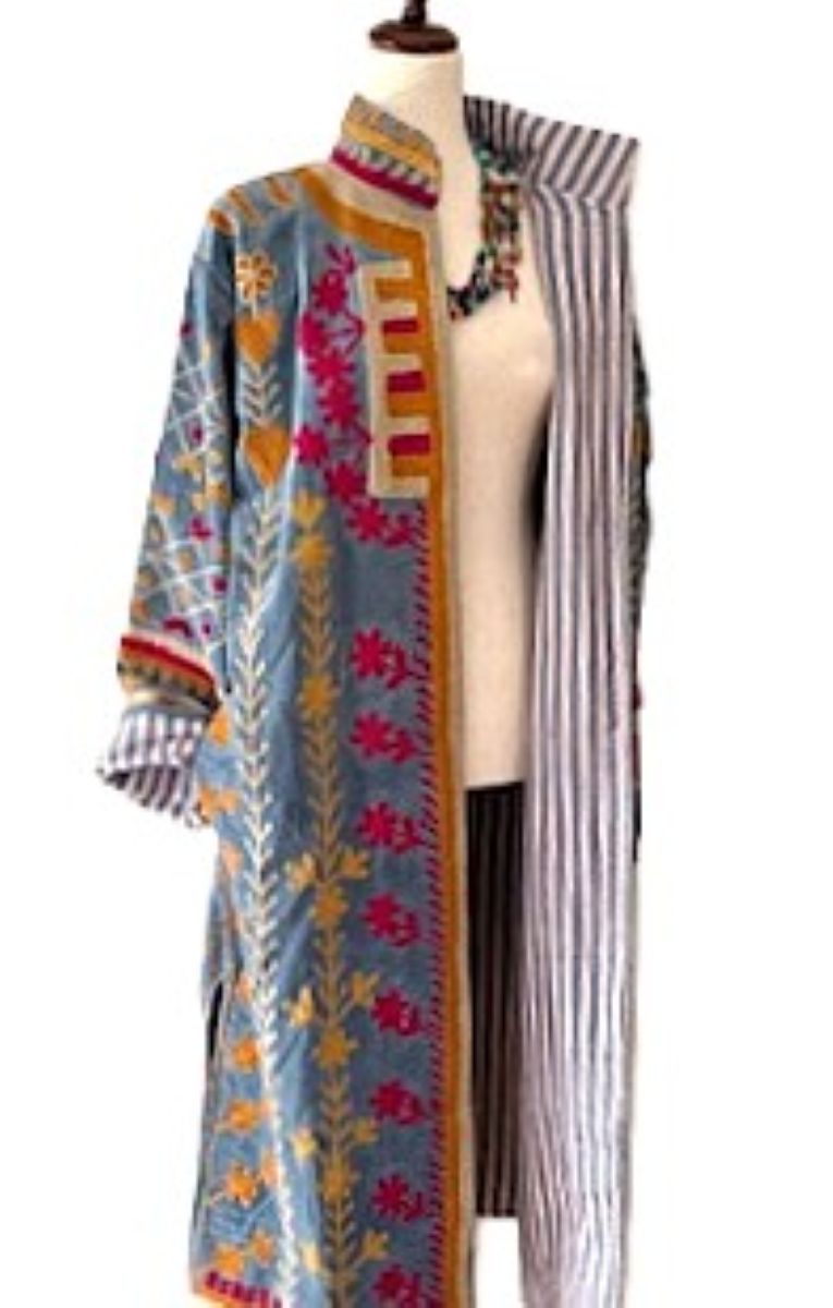 Jacket - Wearable Art, Hand Embroidered Kimono Coat (Blue)
