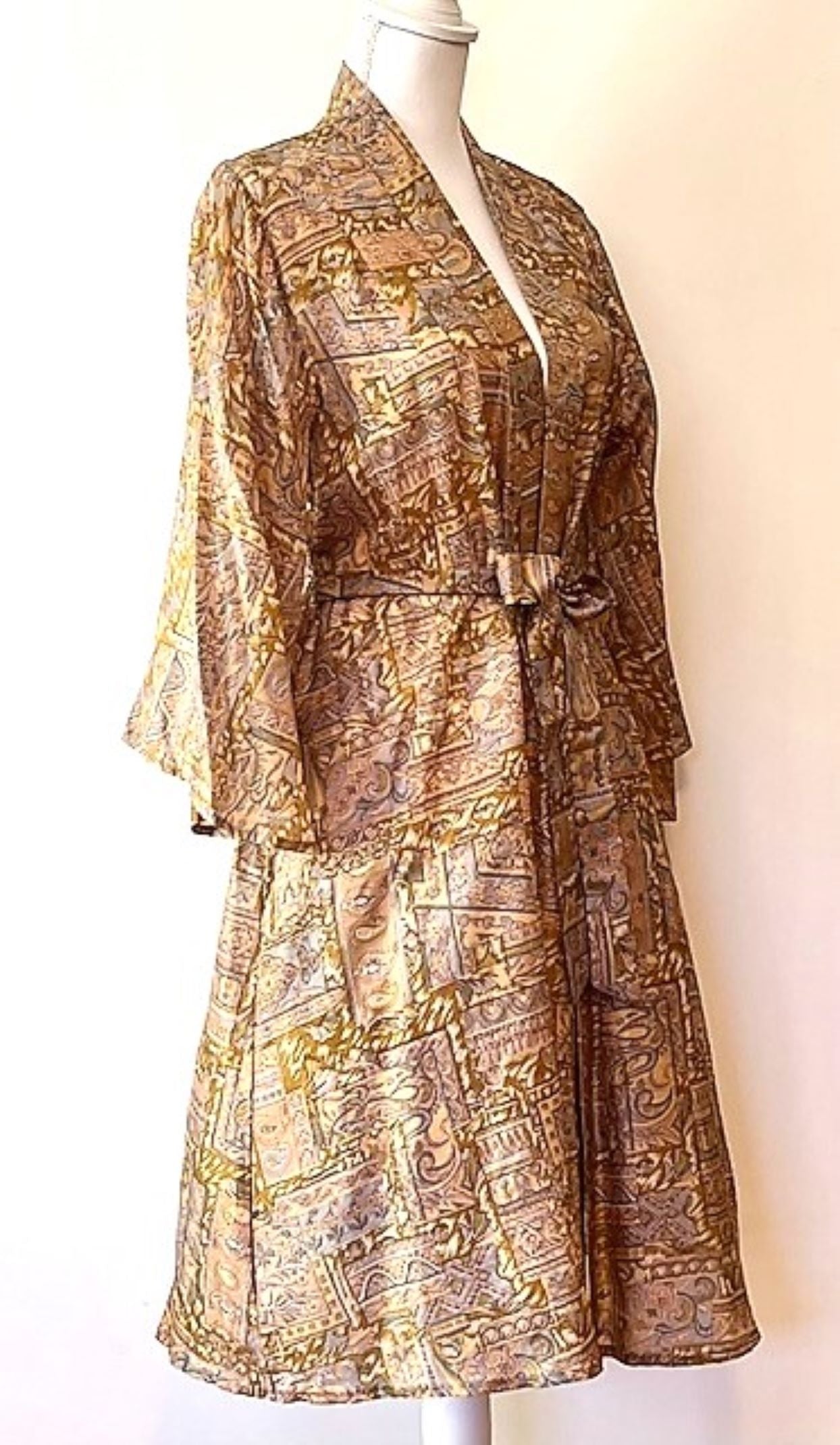 Luxury Silk Kimono Duster Dress; Elegant Print (Gold)