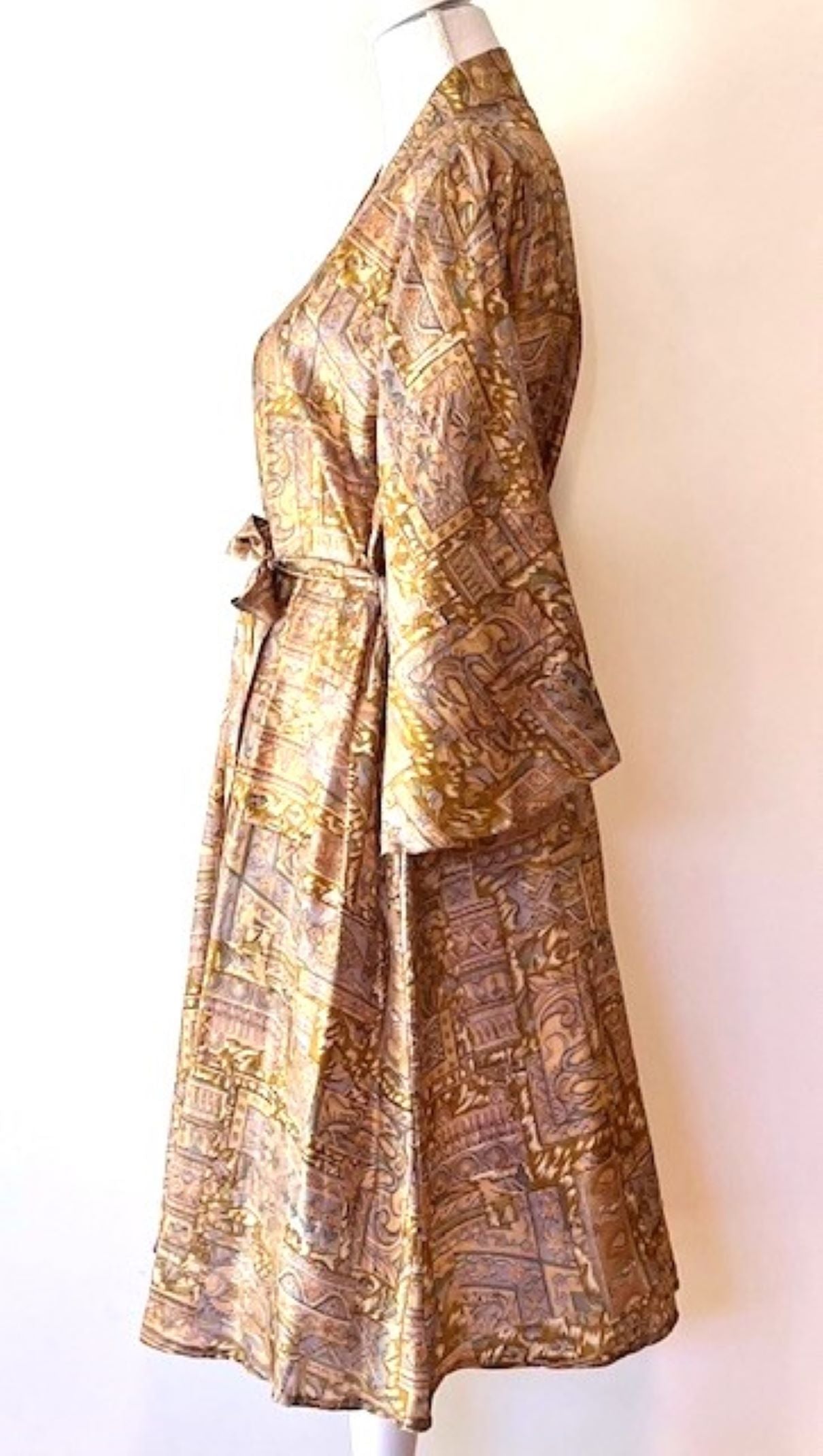 Luxury Silk Kimono Duster Dress; Elegant Print (Gold)