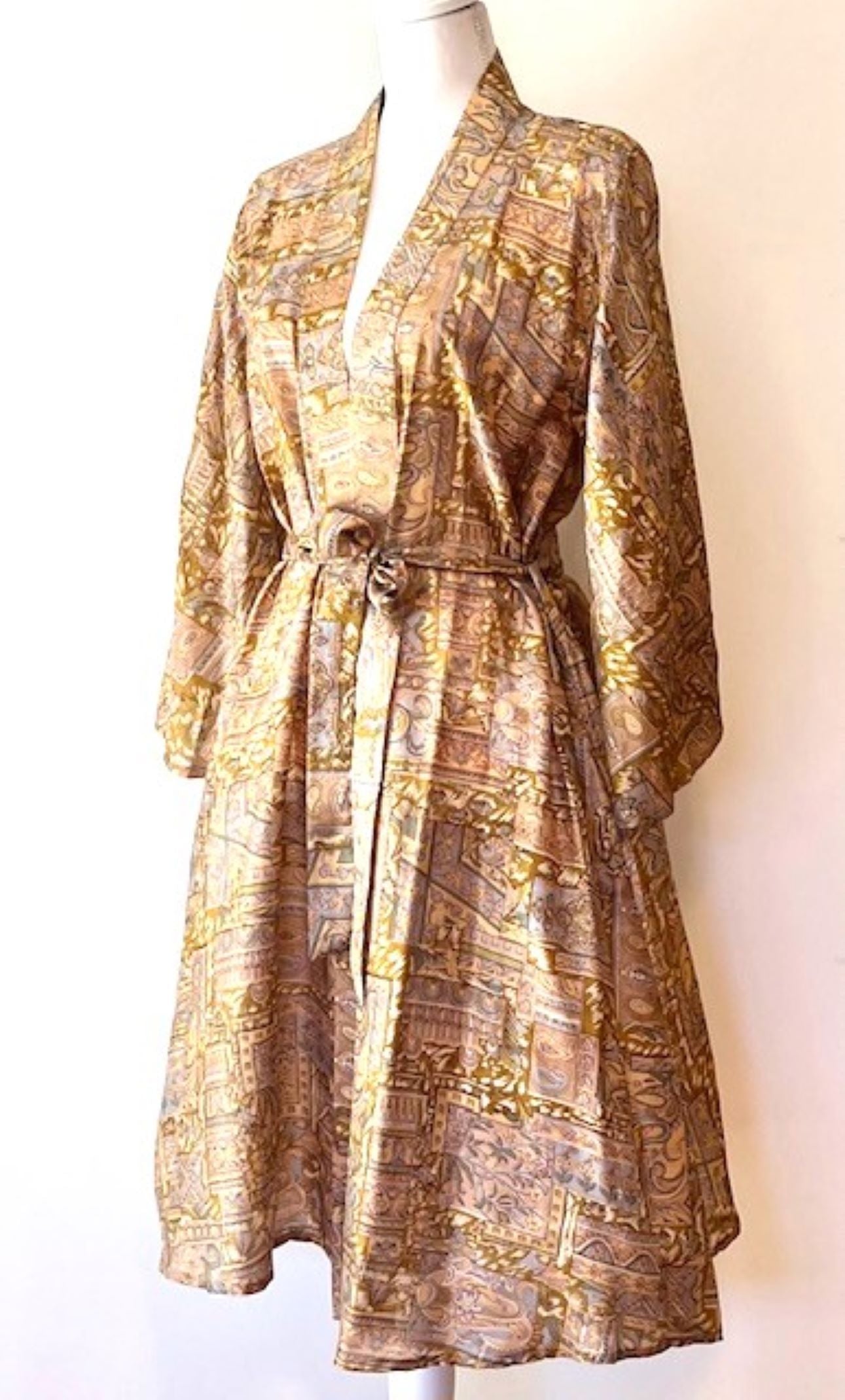 Luxury Silk Kimono Duster Dress; Elegant Print (Gold)