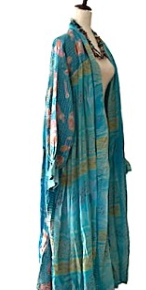 Kantha Bae Majestic Long Silk Kimono (Aqua)