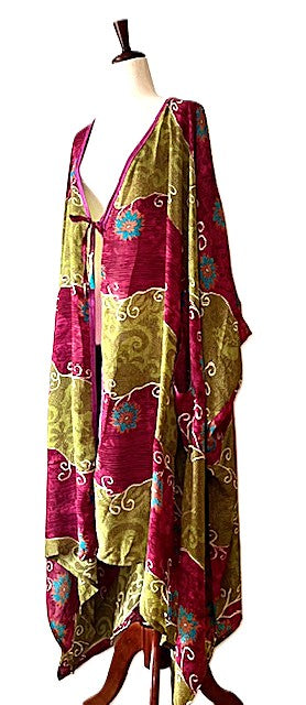 Kantha Bae New Orchid Silk Kimono With Tie . Chic. (Olive Swirl)