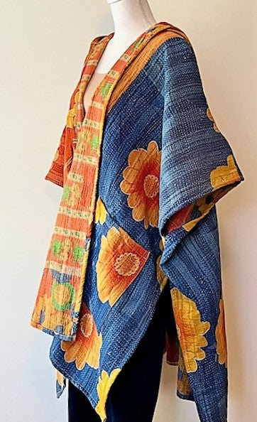 Kantha Bae Knee Length Poncho Coat - Sunflowers